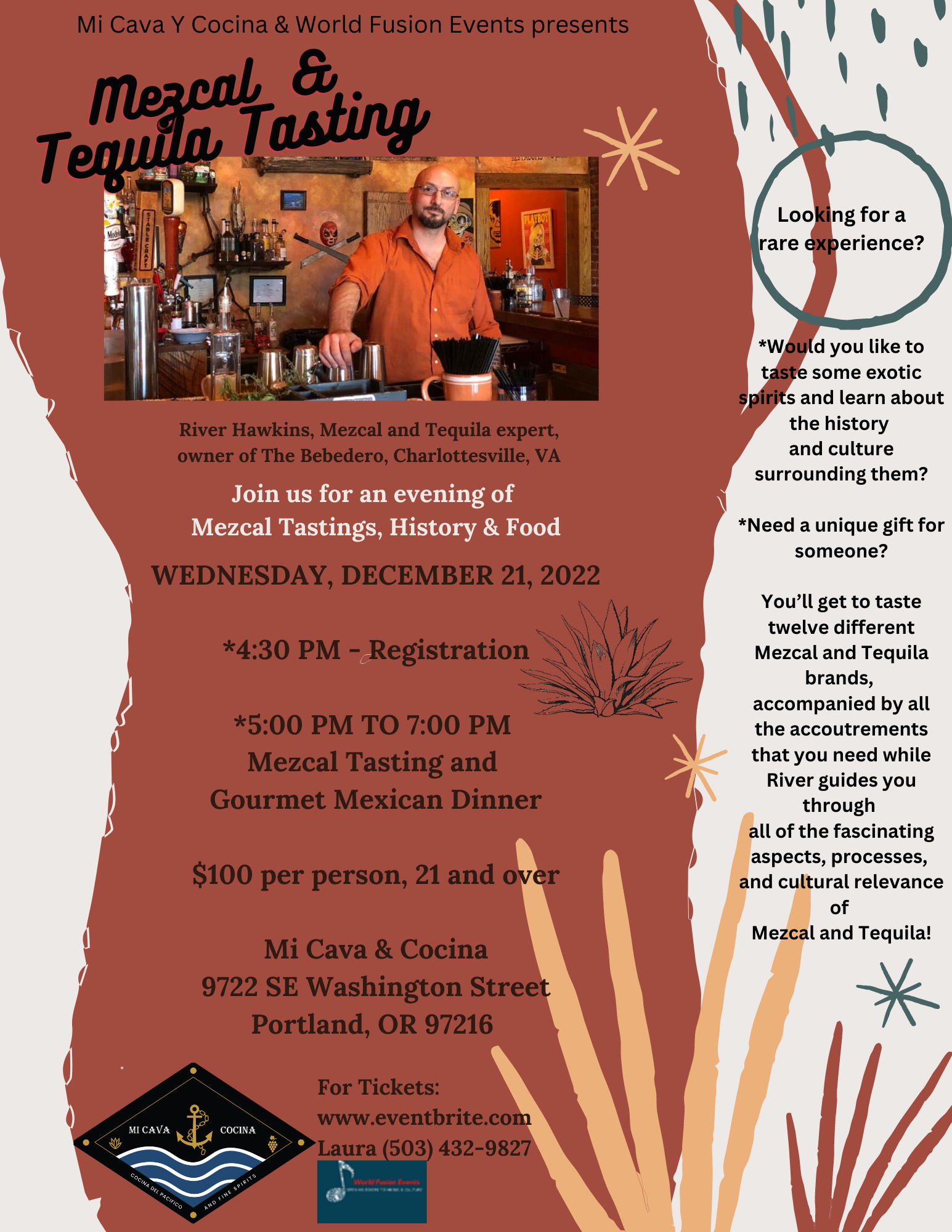 Mezcal, Tequila Tasting and Dinner with River Hawkins (Saboreo de Mezcal, Tequila y Cena con River Hawkins)